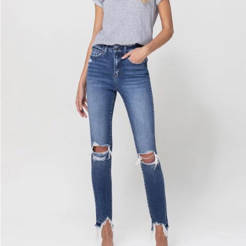 Flying Monkey High Rise Distressed Hem Skinny Jeans